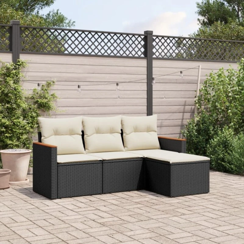Havesofasæt 4 dele i sort polyrattan inkl. hynder
