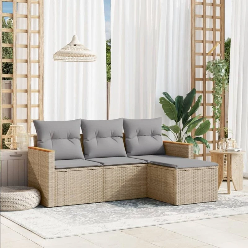 Havesofasæt 4 dele i polyrattan med hynder, beige