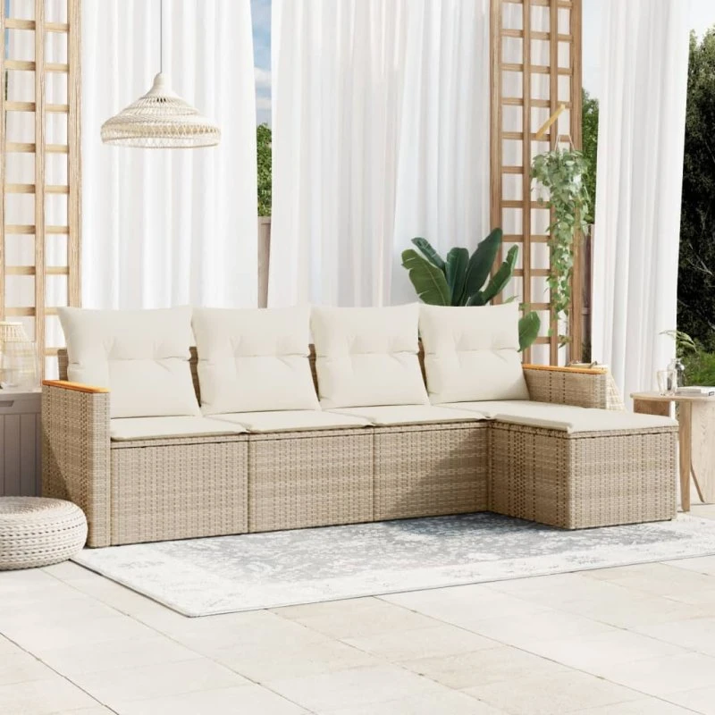 Havesofasæt 5 dele i beige polyrattan med hynder