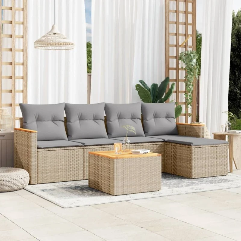 6-dele havemøbelsæt i polyrattan med hynder – beige