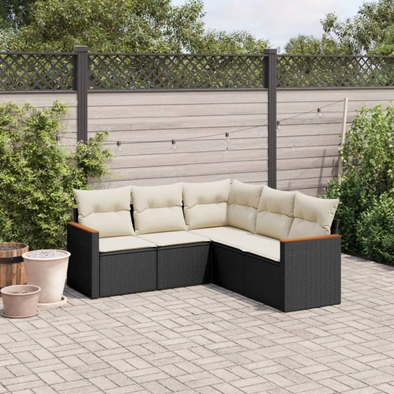 Havesofasæt 5 dele i polyrattan med hynder – sort