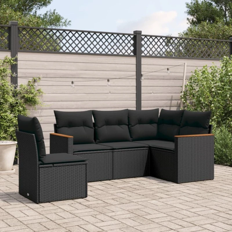 Havesofasæt 5 dele i polyrattan – sort med hynder