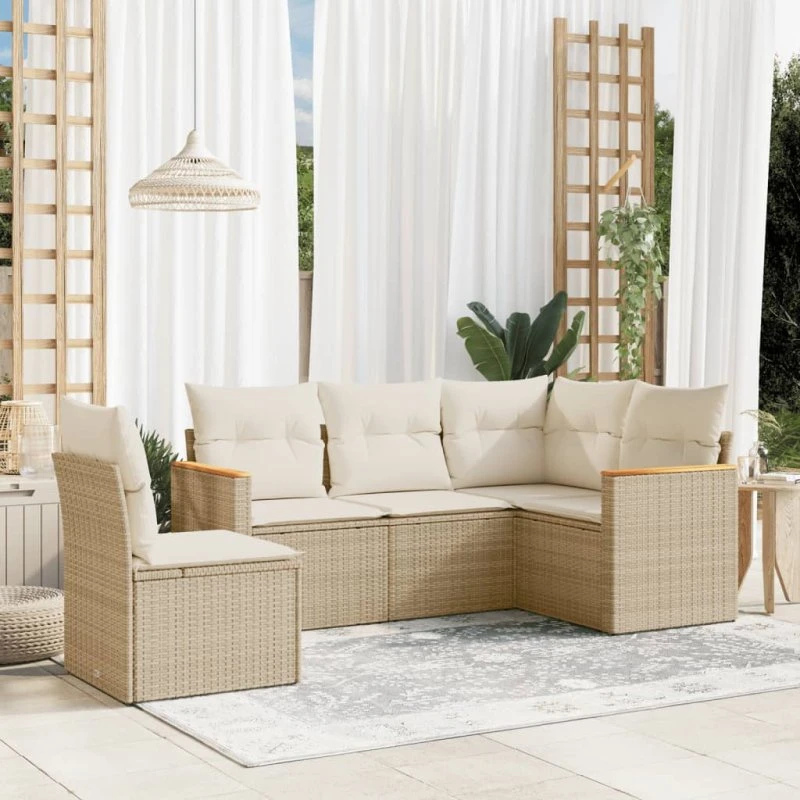 Havesofasæt 5 dele i polyrattan med hynder – beige