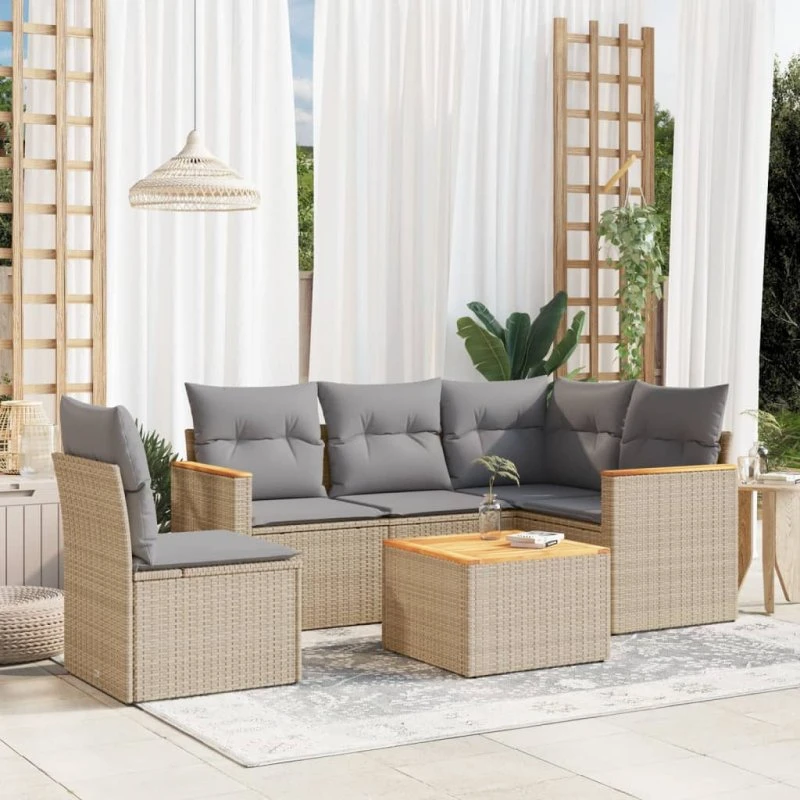 Havesæt i polyrattan 6 dele med hynder – beige
