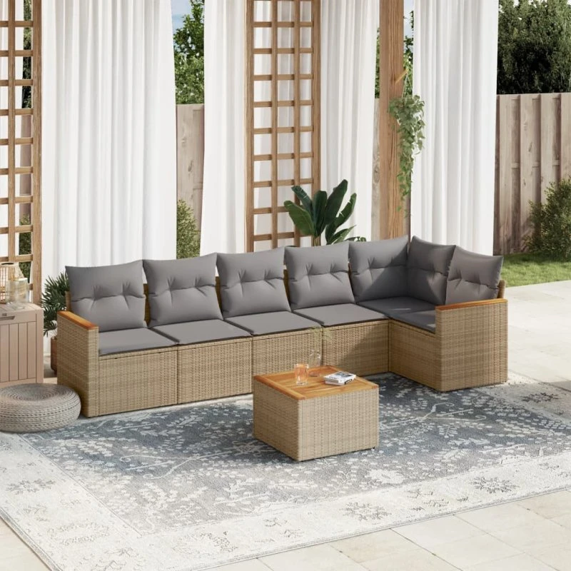 Havesofasæt 7 dele i beige polyrattan med hynder