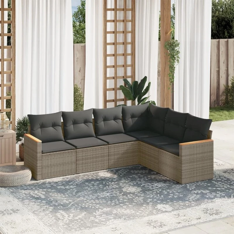 Havesofasæt 6 dele i polyrattan med hynder, grå