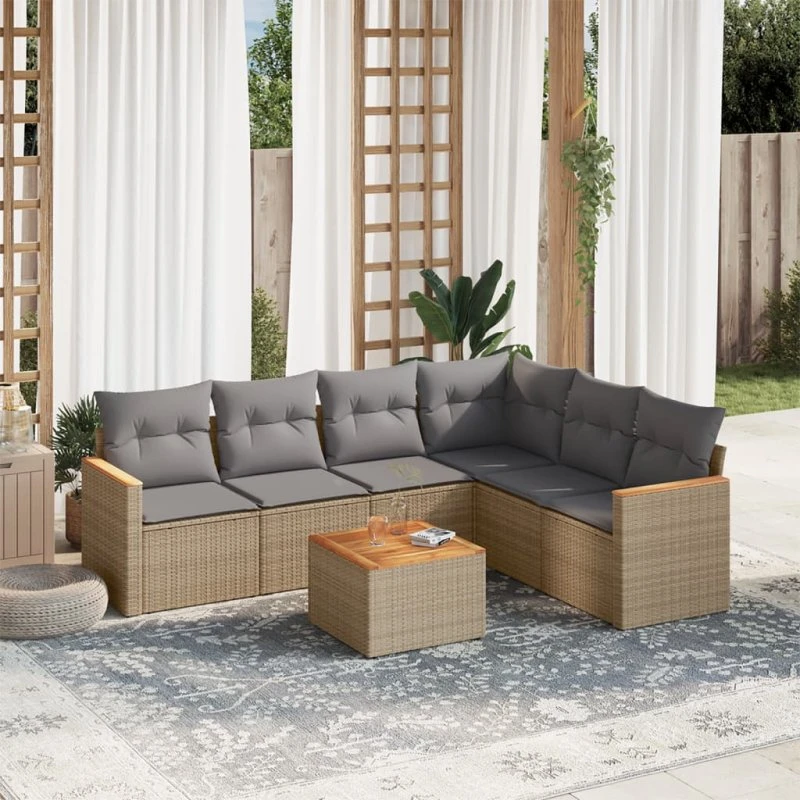 Havesofasæt 7 dele i beige polyrattan med hynder