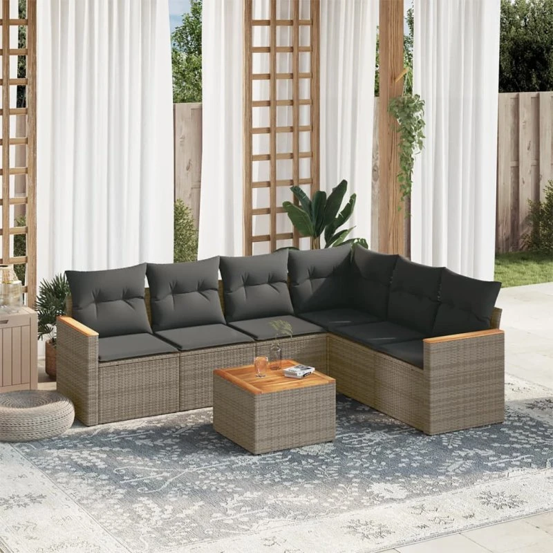 Havesofa sæt 7 dele i grå polyrattan med hynder