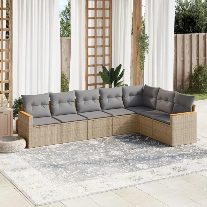 Havesofasæt 7 dele i polyrattan med hynder - beige