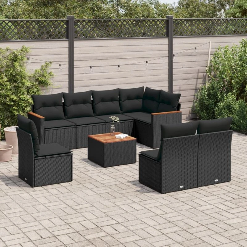Sofasæt 9 dele til haven i sort polyrattan med hynder
