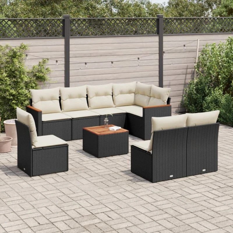 Havesofa sæt 9 dele i sort polyrattan med hynder