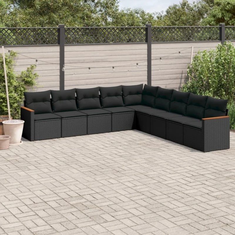 Havesofasæt 9 dele i polyrattan med hynder - sort