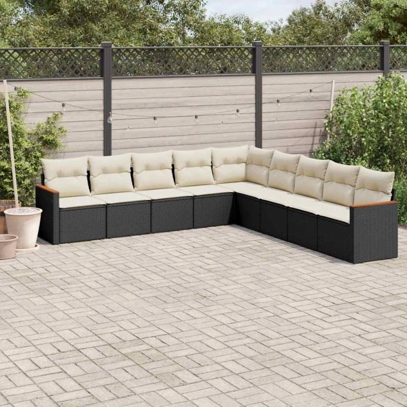 Havesofasæt 9 dele i polyrattan med hynder - sort