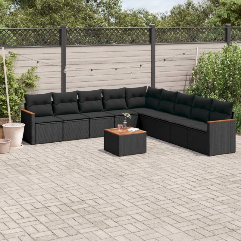 Havesofasæt 10 dele i sort polyrattan med hynder