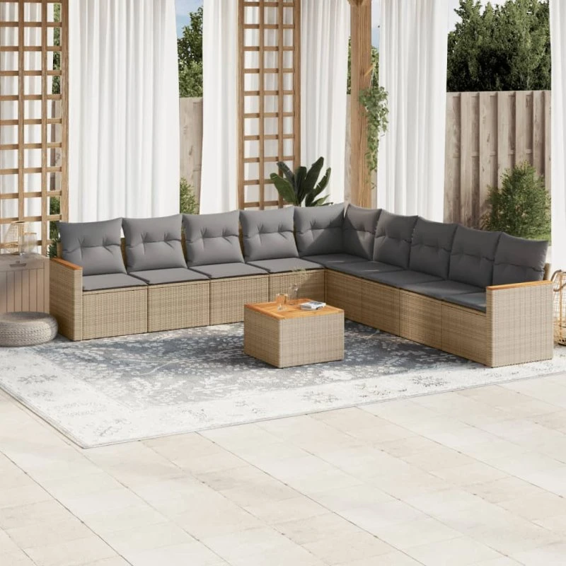 Sofasæt til haven 10 dele i polyrattan med hynder - beige