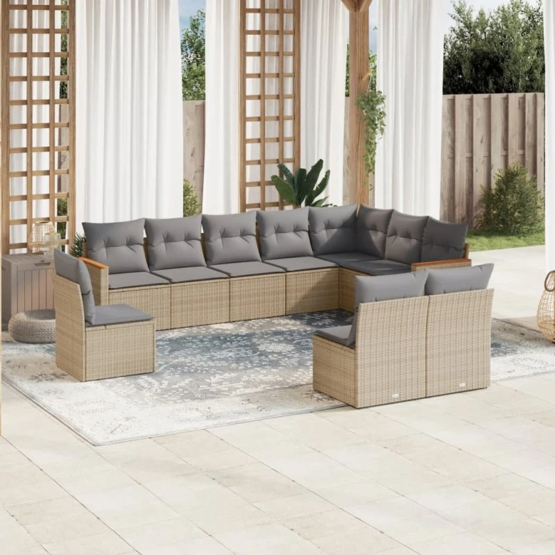 Havesofasæt 10 dele i beige polyrattan med hynder