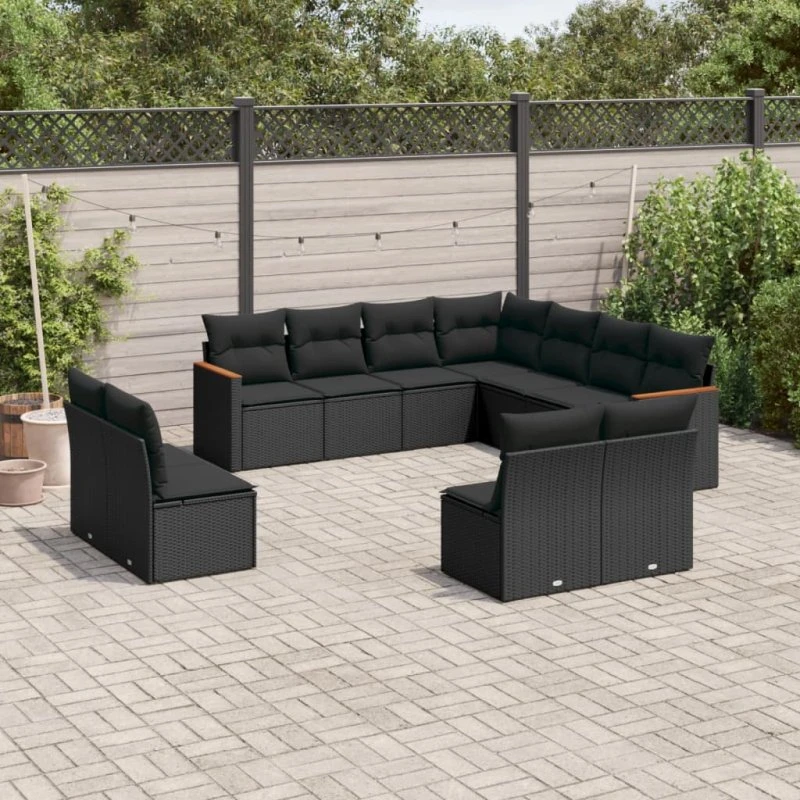 Havesofasæt 11 dele i sort polyrattan med hynder