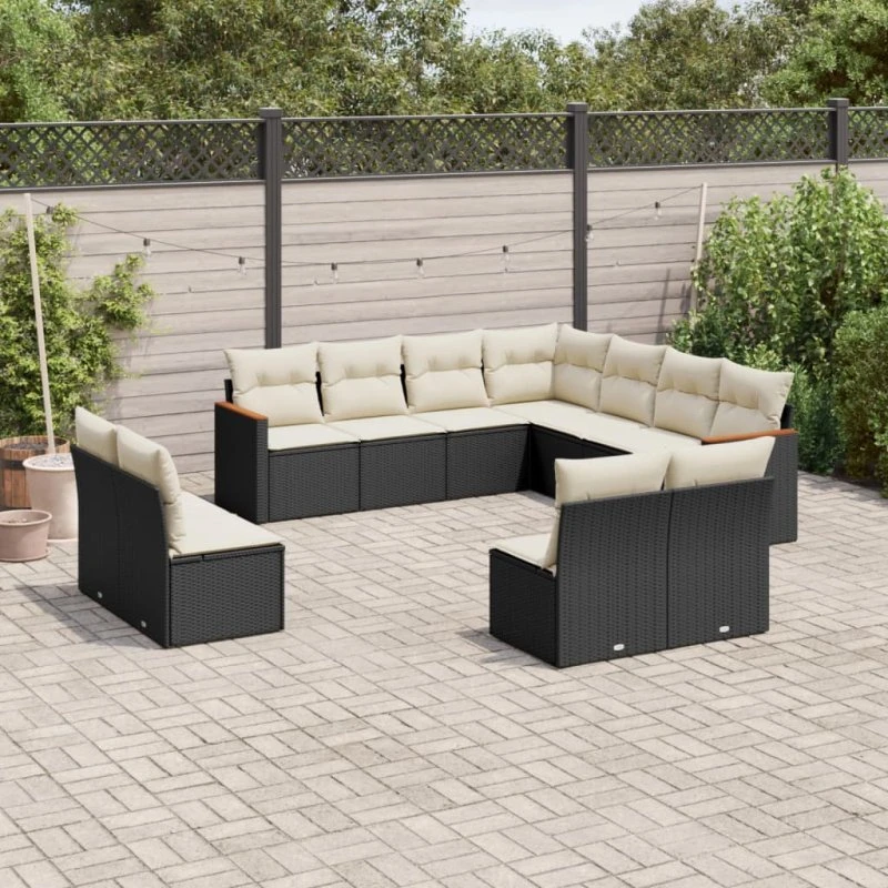 Havesofasæt 11 dele i polyrattan med hynder - sort