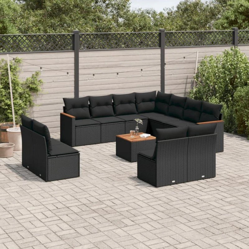 Havesofasæt 12 dele i sort polyrattan med hynder