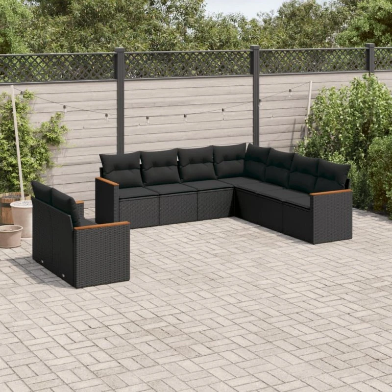 Havesofasæt 9 dele i polyrattan - sort med hynder