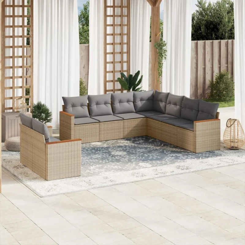 Havesofasæt 9 dele i polyrattan med hynder - Beige