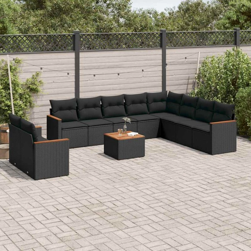 11-dele havesofasæt i sort polyrattan med hynder