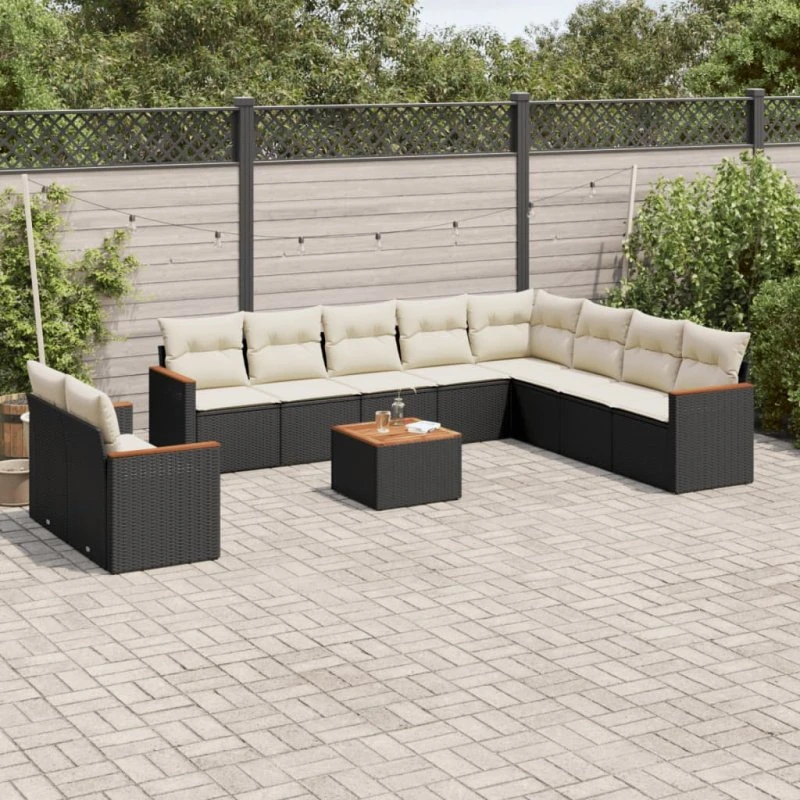 Havesofasæt 11 dele i sort polyrattan med hynder