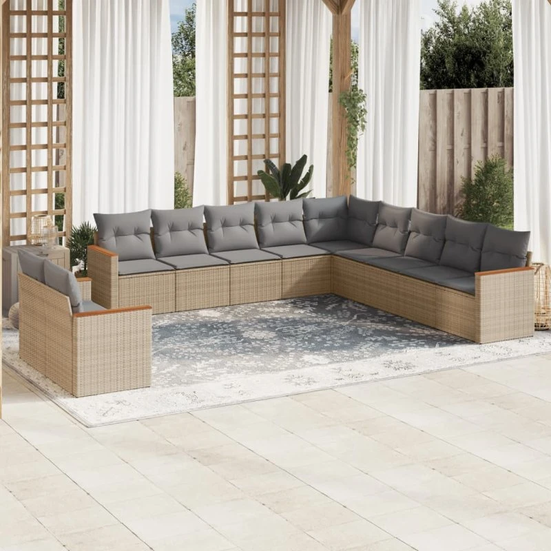 Havesofasæt 11 dele i polyrattan med hynder – beige