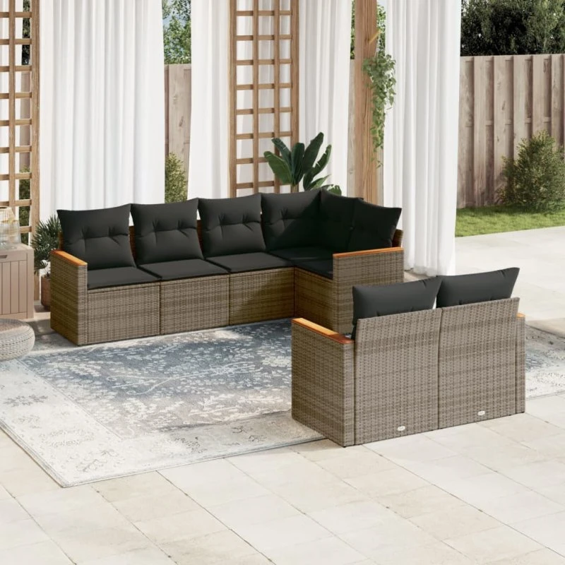 Havesofa sæt 7 dele i grå polyrattan med hynder