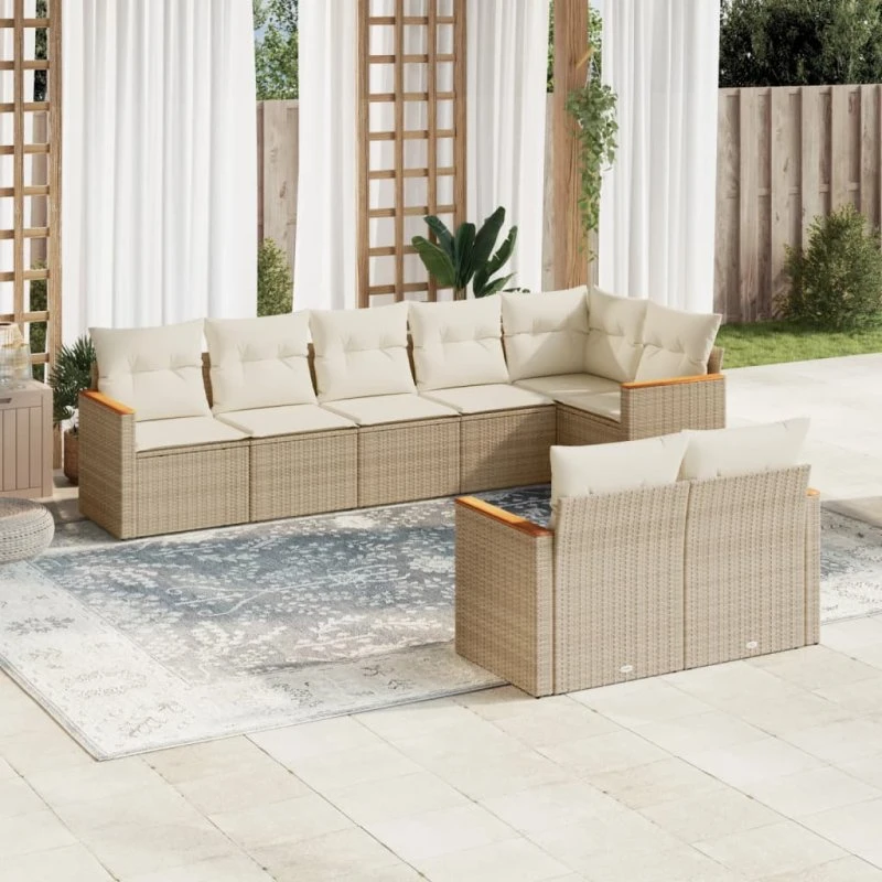 Havesofasæt 8 dele i polyrattan med hynder - beige