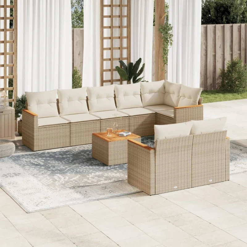 Havesofasæt 9 dele i beige polyrattan med hynder