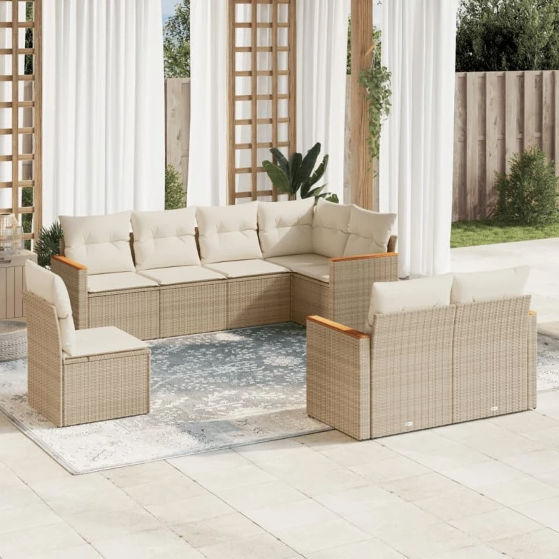 Havesofasæt 8 dele i beige polyrattan med hynder