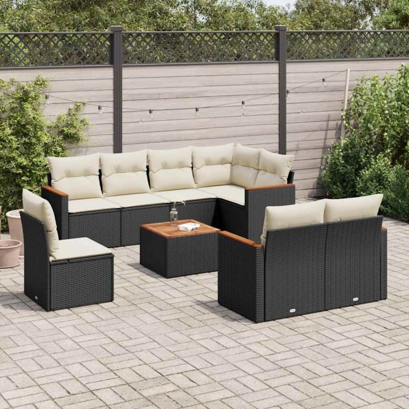 Havesofasæt 9 dele i sort polyrattan med hynder