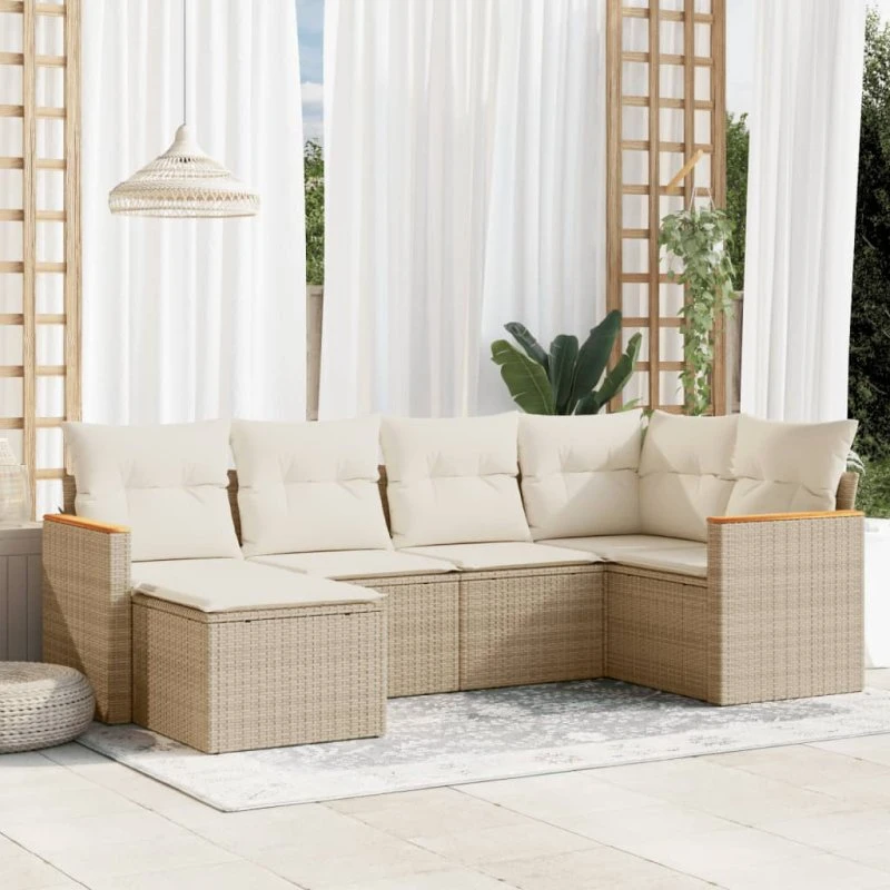 Sofasæt til haven 6 dele i beige polyrattan med hynder