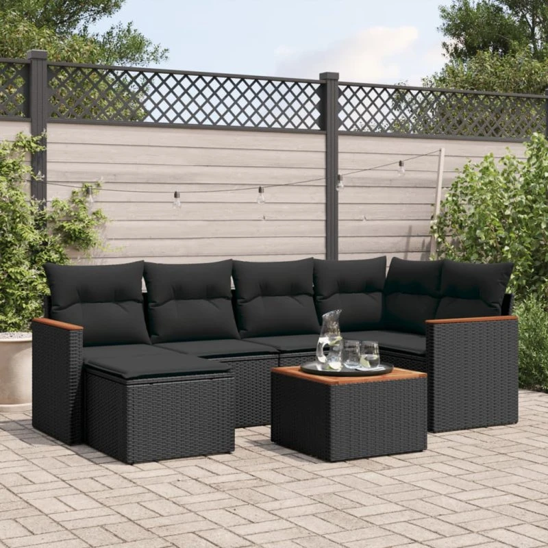 Havesofasæt 7 dele i sort polyrattan med hynder