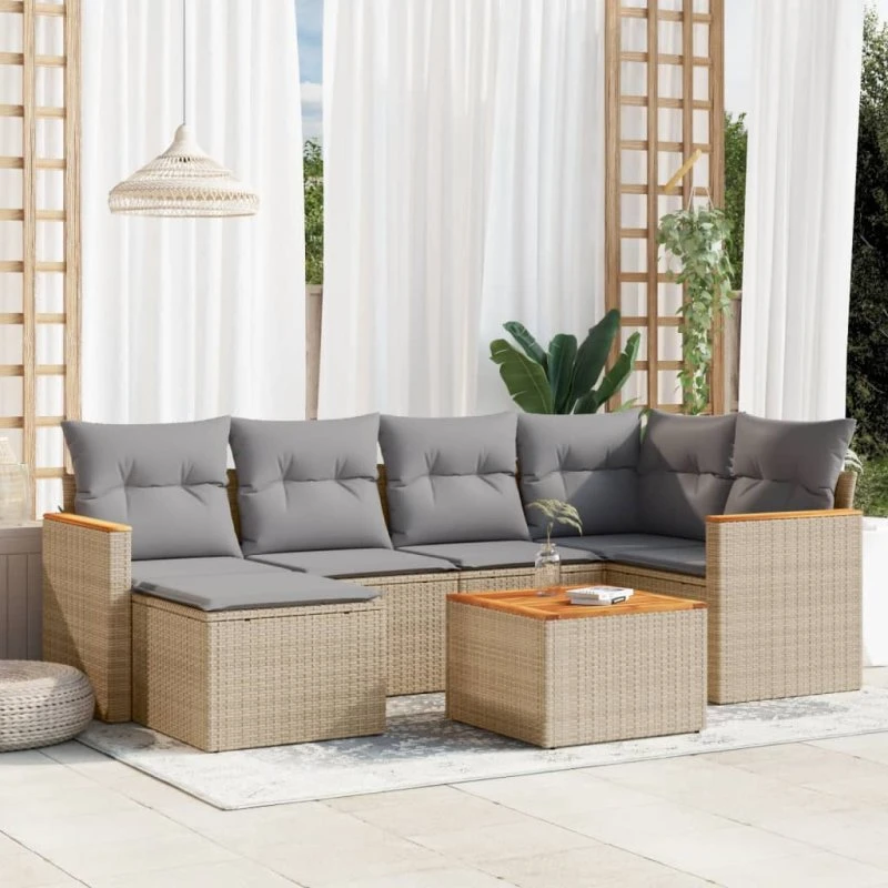 7-dele havemøbelsæt i polyrattan med hynder, beige