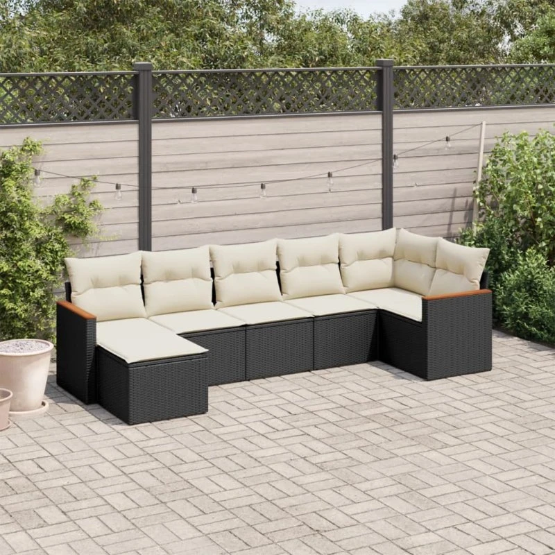 Havesofasæt 7 dele i sort polyrattan med hynder