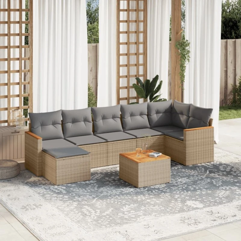Havesofasæt i polyrattan 8 dele med hynder – beige