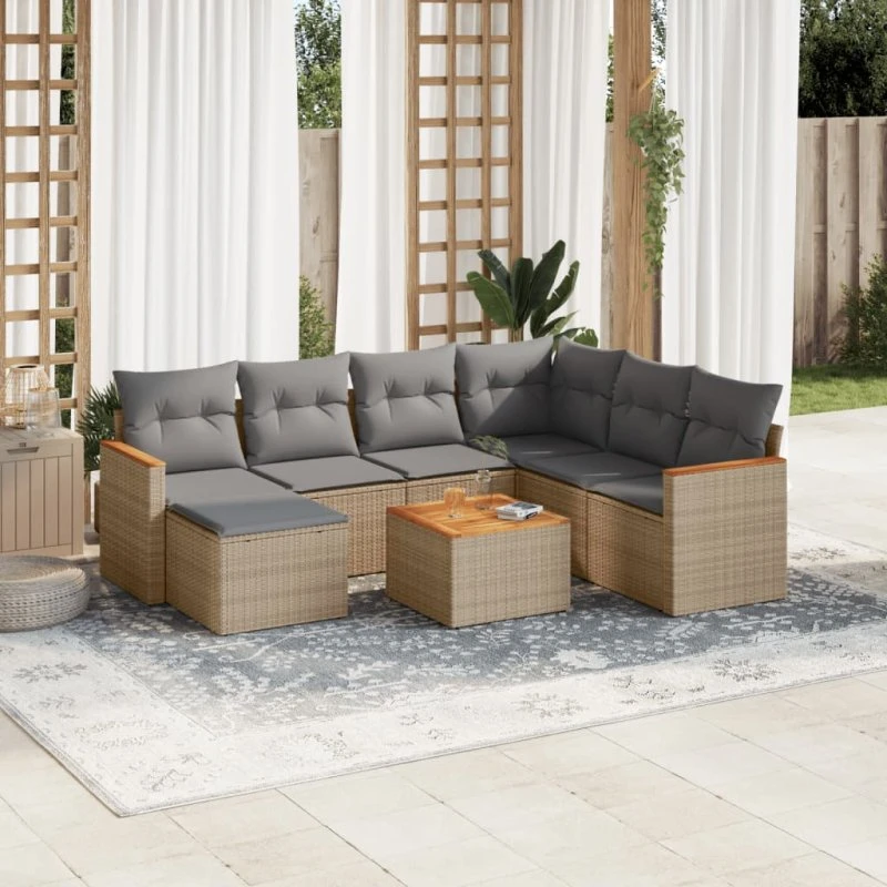 8-dele havesofasæt i polyrattan med hynder – beige