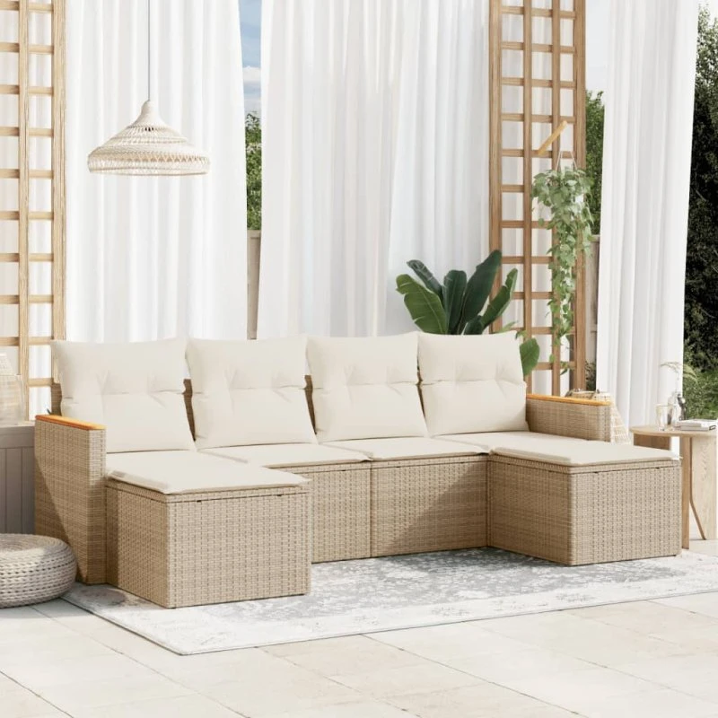 6-dele havemøbelsæt i polyrattan med hynder, beige