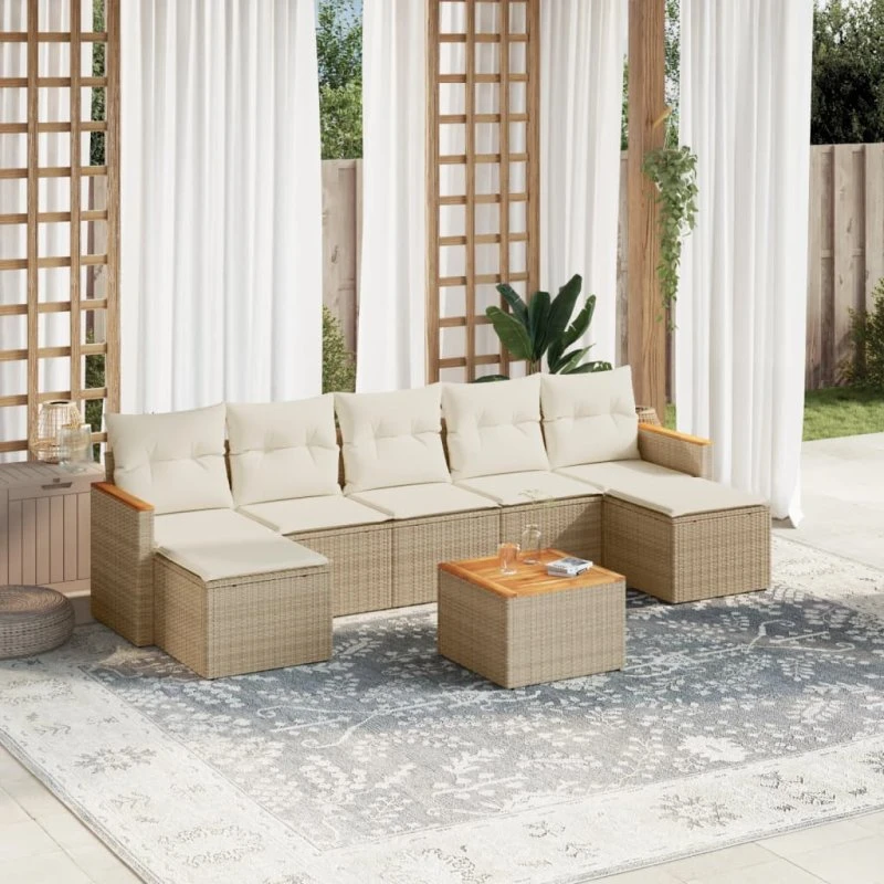 Havesofasæt 8 dele i polyrattan med hynder - beige