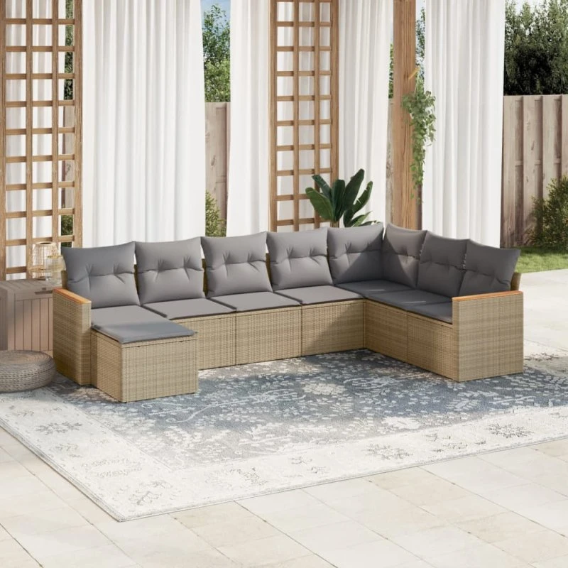 Havesofasæt 8 dele i polyrattan med hynder - beige