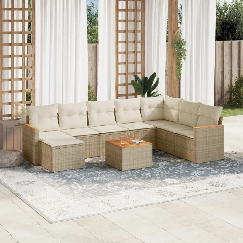 Havesofasæt 9 dele i polyrattan med hynder - beige