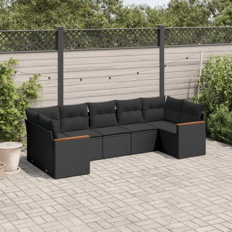 Havesofasæt 7 dele i sort polyrattan med hynder