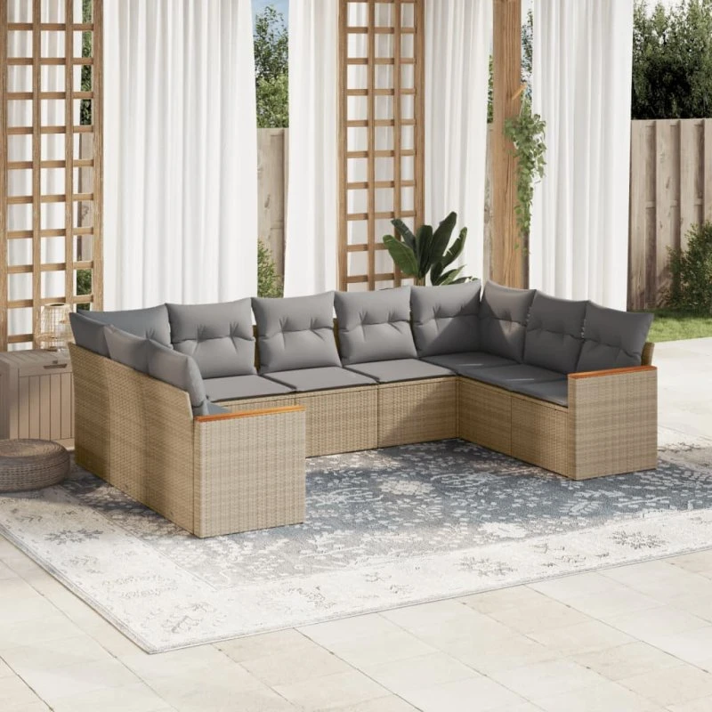 Havesofasæt 9 dele i polyrattan beige med hynder