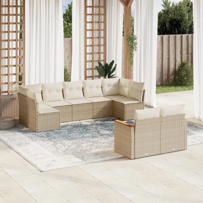 Havesofasæt 9 dele i beige polyrattan med hynder