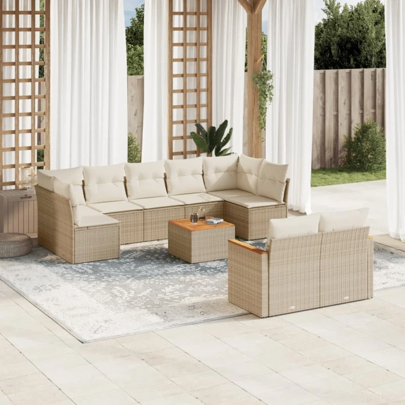 Havesofasæt 10 dele i beige polyrattan med hynder