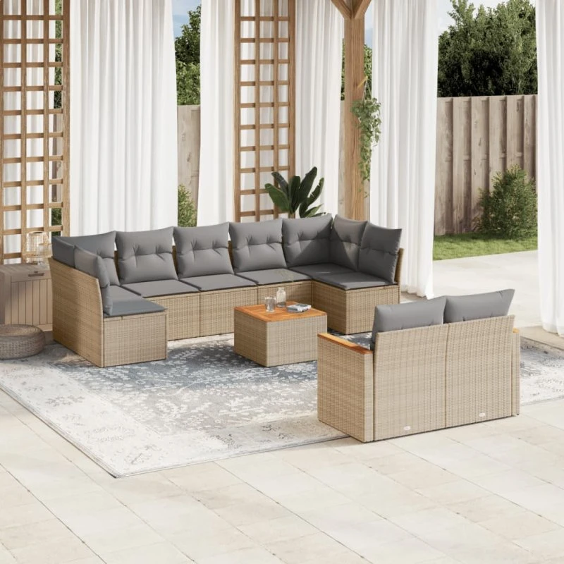 Havesofasæt 10 dele i polyrattan med hynder - beige