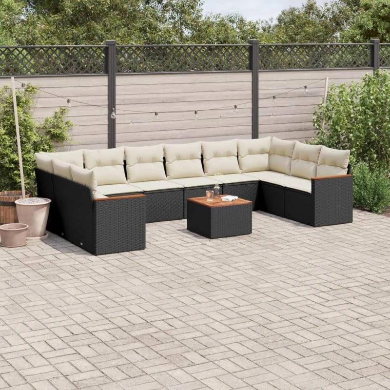 Havesofasæt 11 dele i sort polyrattan med hynder