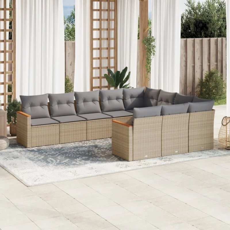 Havesofasæt 10 dele i polyrattan med hynder, beige